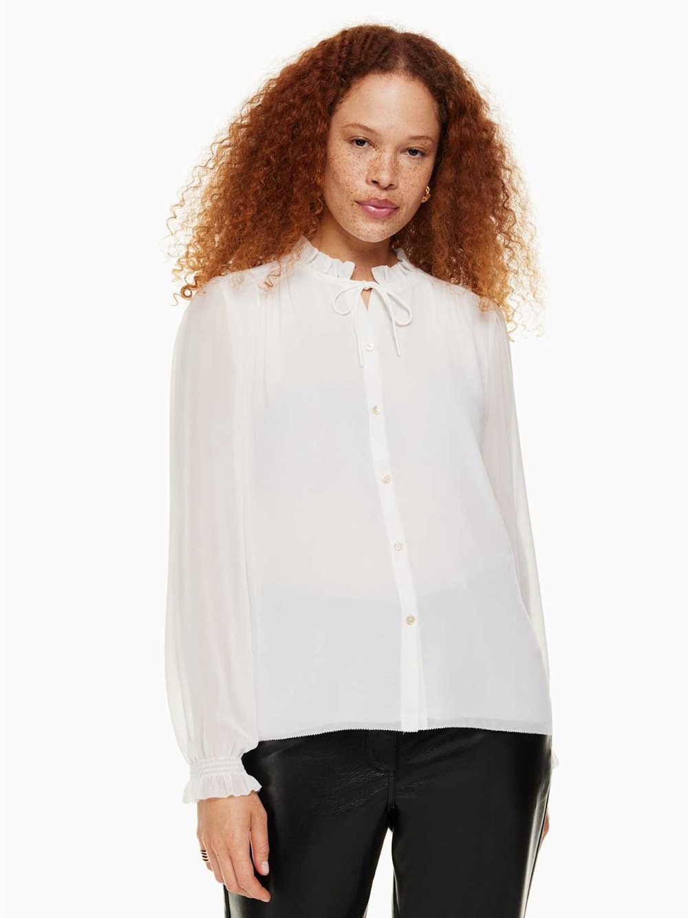 Wilfred Alexis Birch Ruffle Tie-Neck Button-Down Blouse